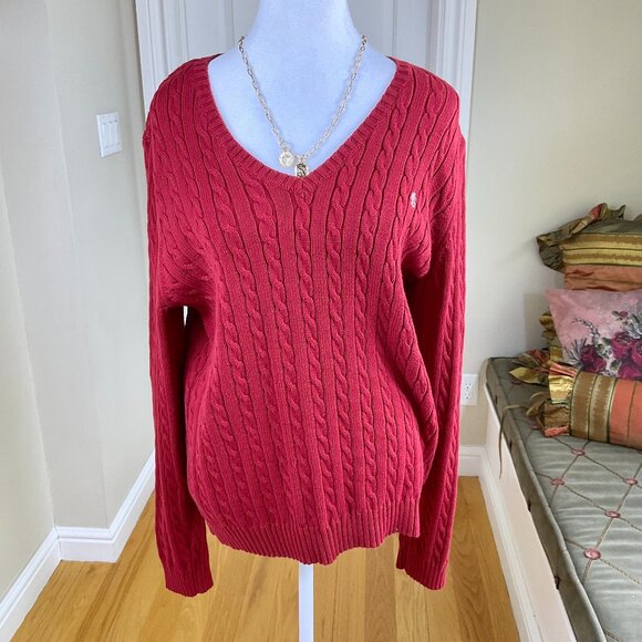 Lauren Ralph Lauren Sweater Cotton Cable Knit V-Neck Red Preppy Y2K (XL) - Picture 1 of 6